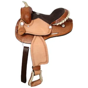 12" DOUBLE T YOUTH BARREL SADDLE WITH SILVER LACED RAWHIDE CANTLE, ROUGHOUT FENDERS AND JOCKIES