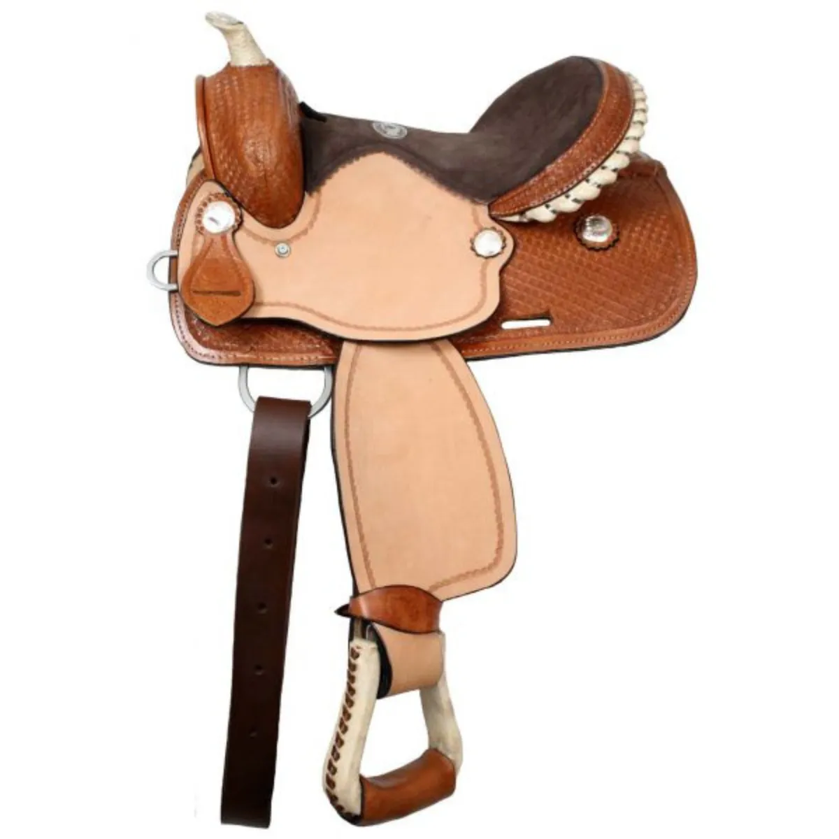 12" DOUBLE T YOUTH BARREL SADDLE WITH SILVER LACED RAWHIDE CANTLE, ROUGHOUT FENDERS AND JOCKIES