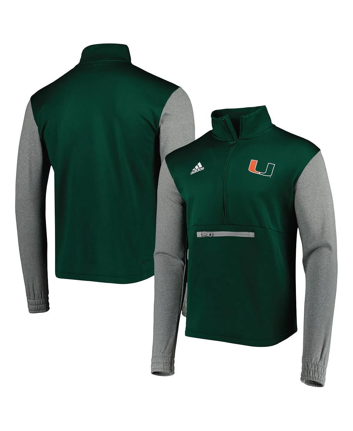 adidas Men's Miami Hurricanes Team AEROREADY Green Gray Half Zip T-Shirt