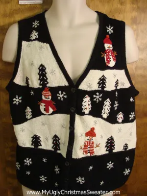 Black and White Tacky Bad Christmas Sweater Vest with Snowmen