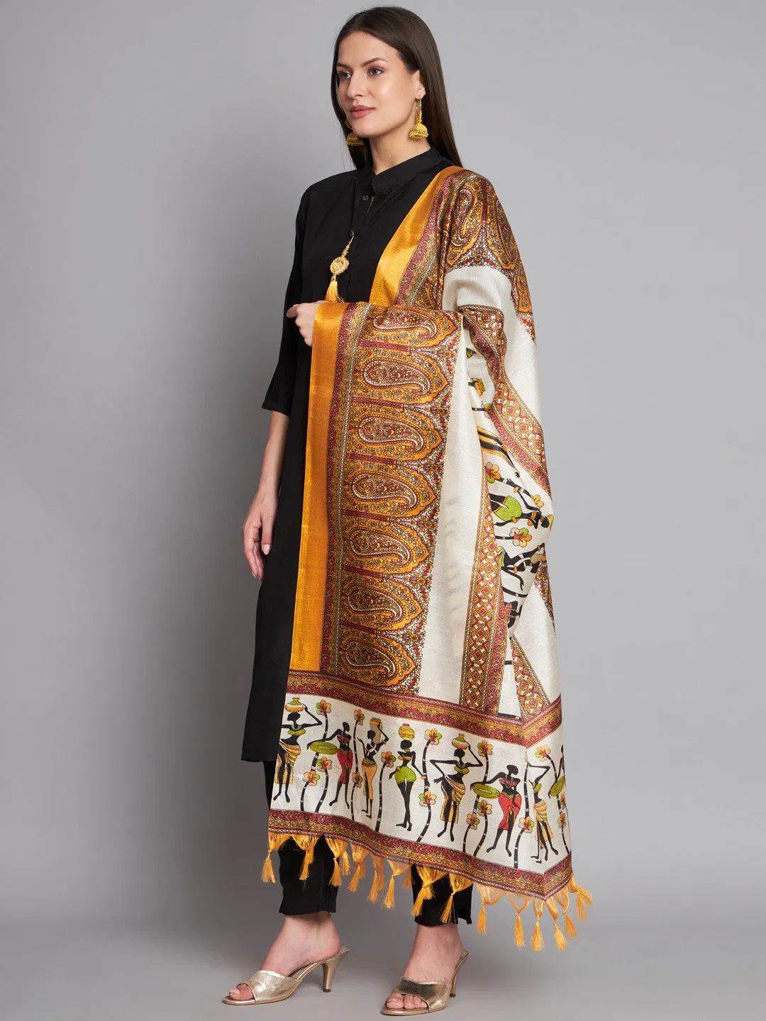 Black Colour Cotton Printed Dupatta With Kurta Pant Set For Women's