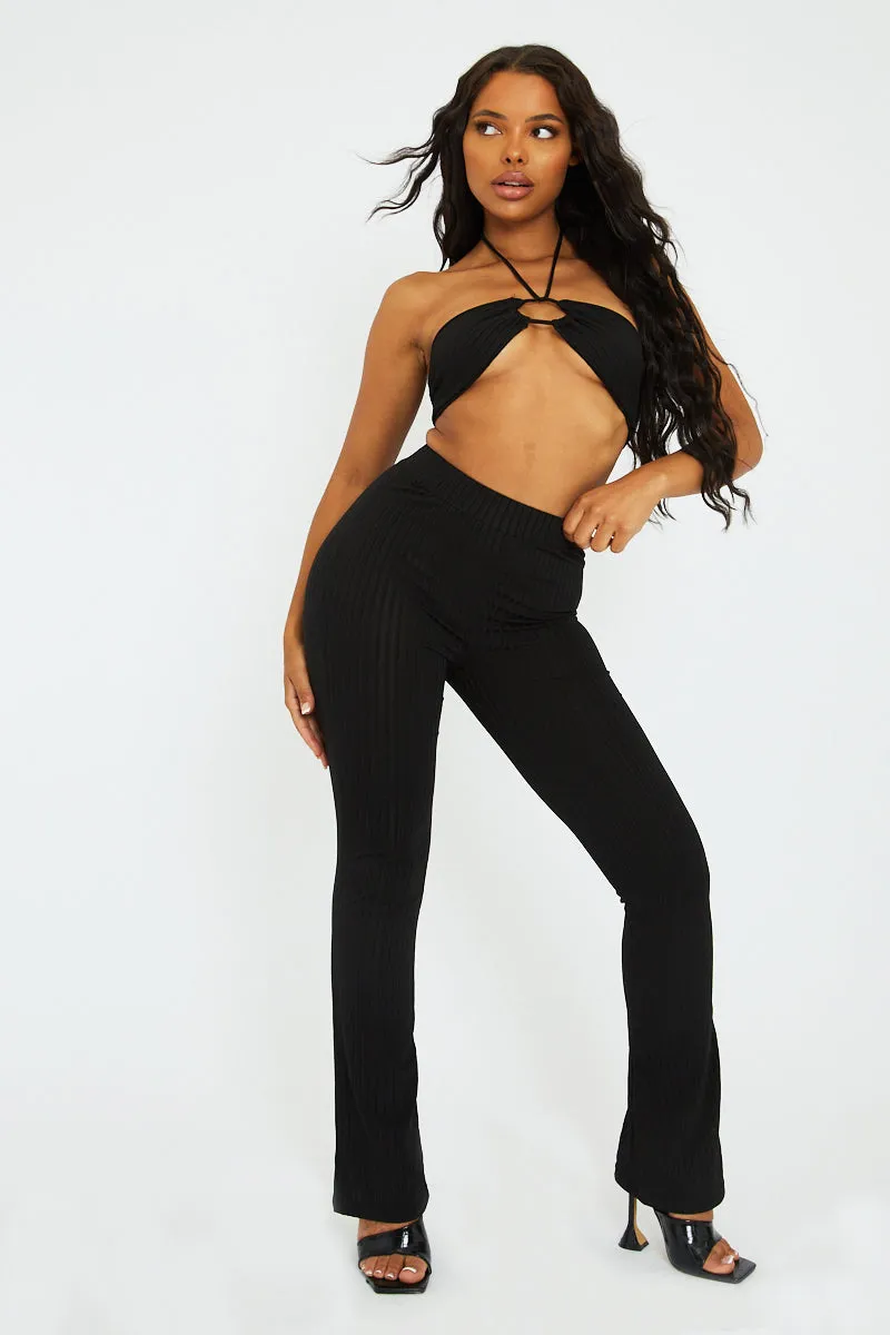 Black Rib Halter Neck Crop Top & Trouser Set - Bridget