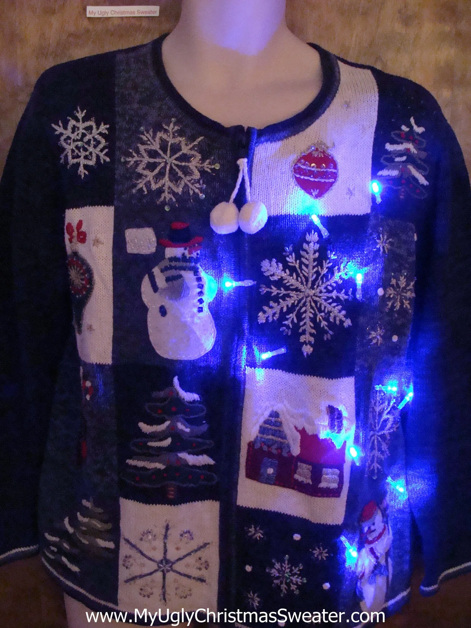 Blue Fun Light Up Ugly Xmas Sweater with PomPom Zip Pull