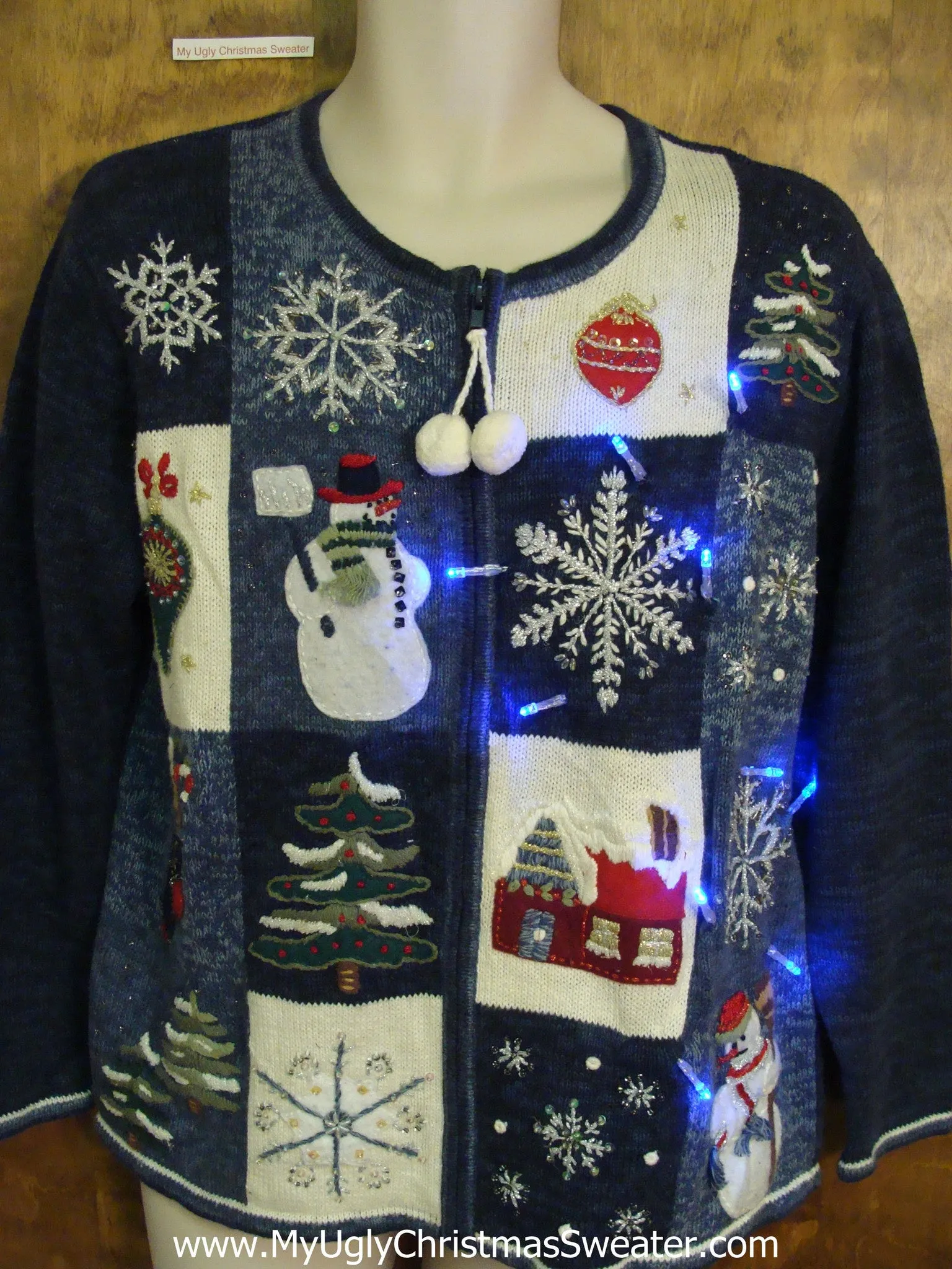 Blue Fun Light Up Ugly Xmas Sweater with PomPom Zip Pull