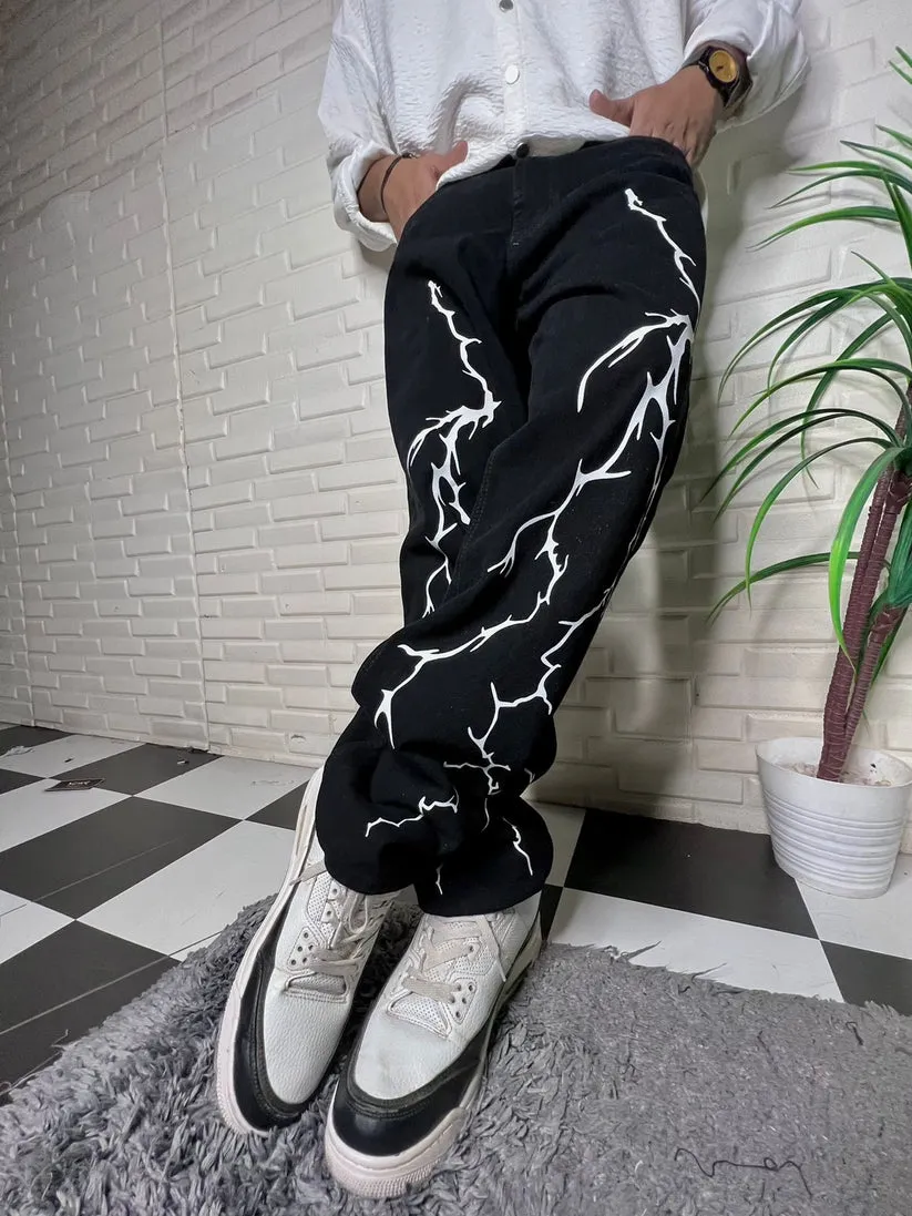 Cool Aesthetic Thunder Lightning Printed Straight Fit Baggy Loose Black Denim Jeans For Mens