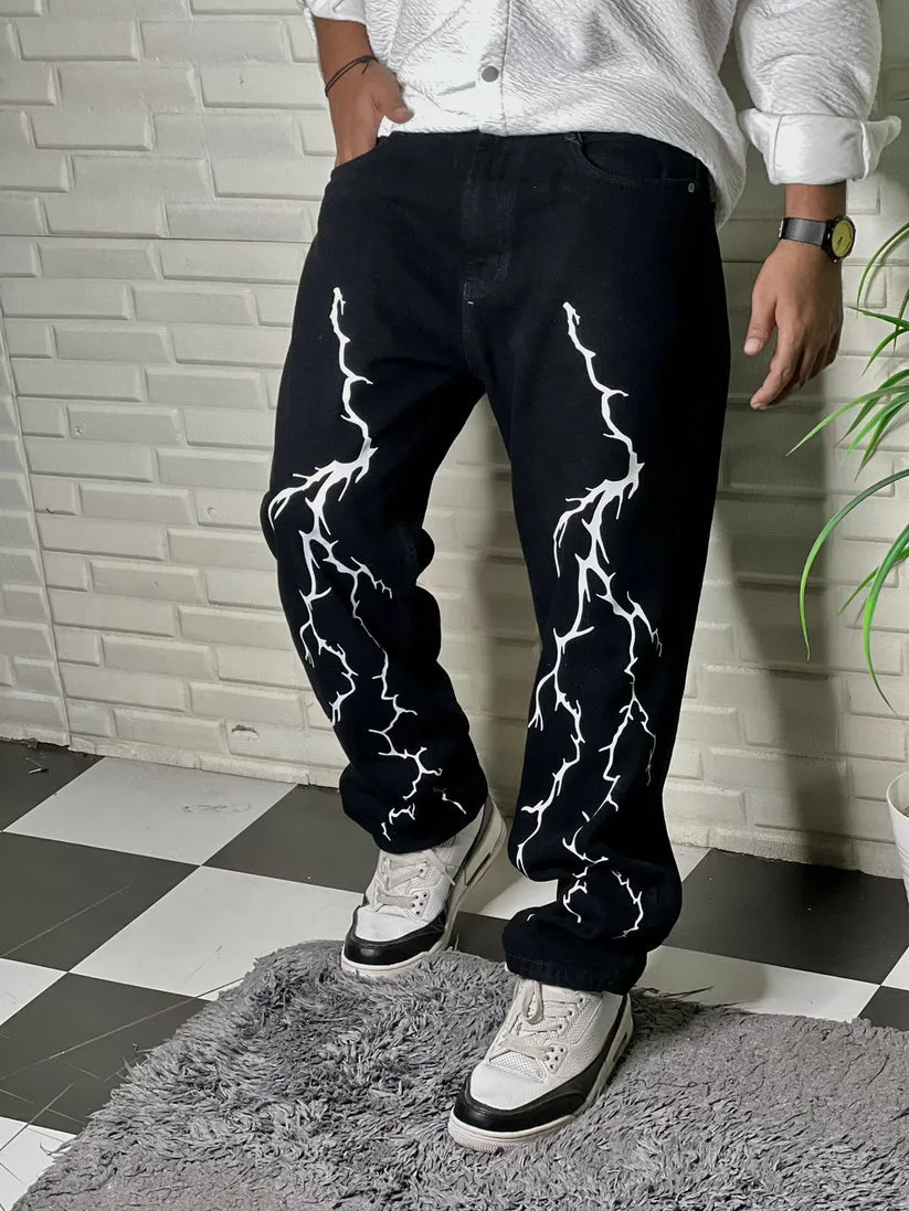 Cool Aesthetic Thunder Lightning Printed Straight Fit Baggy Loose Black Denim Jeans For Mens