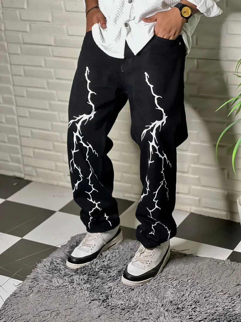 Cool Aesthetic Thunder Lightning Printed Straight Fit Baggy Loose Black Denim Jeans For Mens