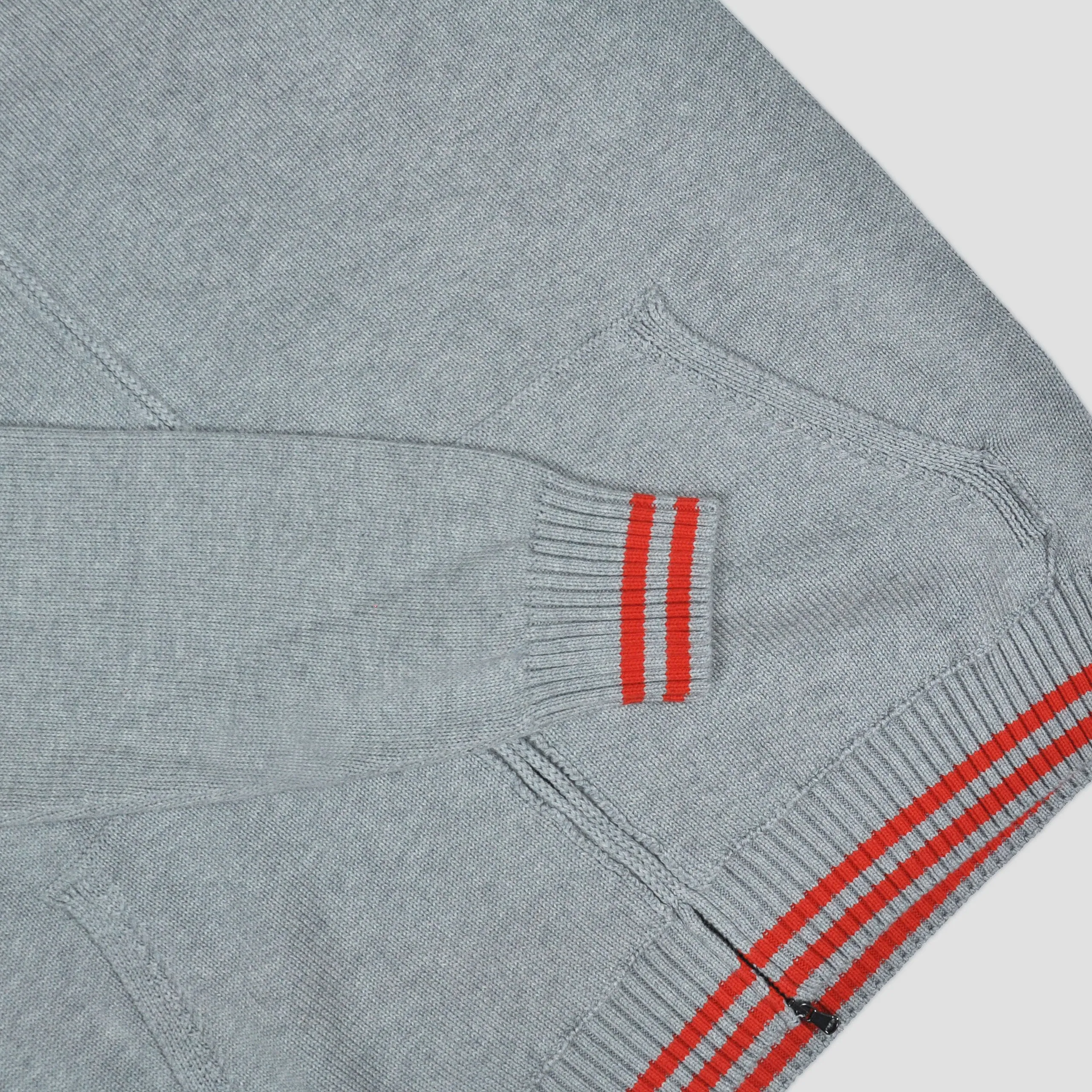 Cotton Zip-up Hooded Jumper in Light Grey with Orange Bands