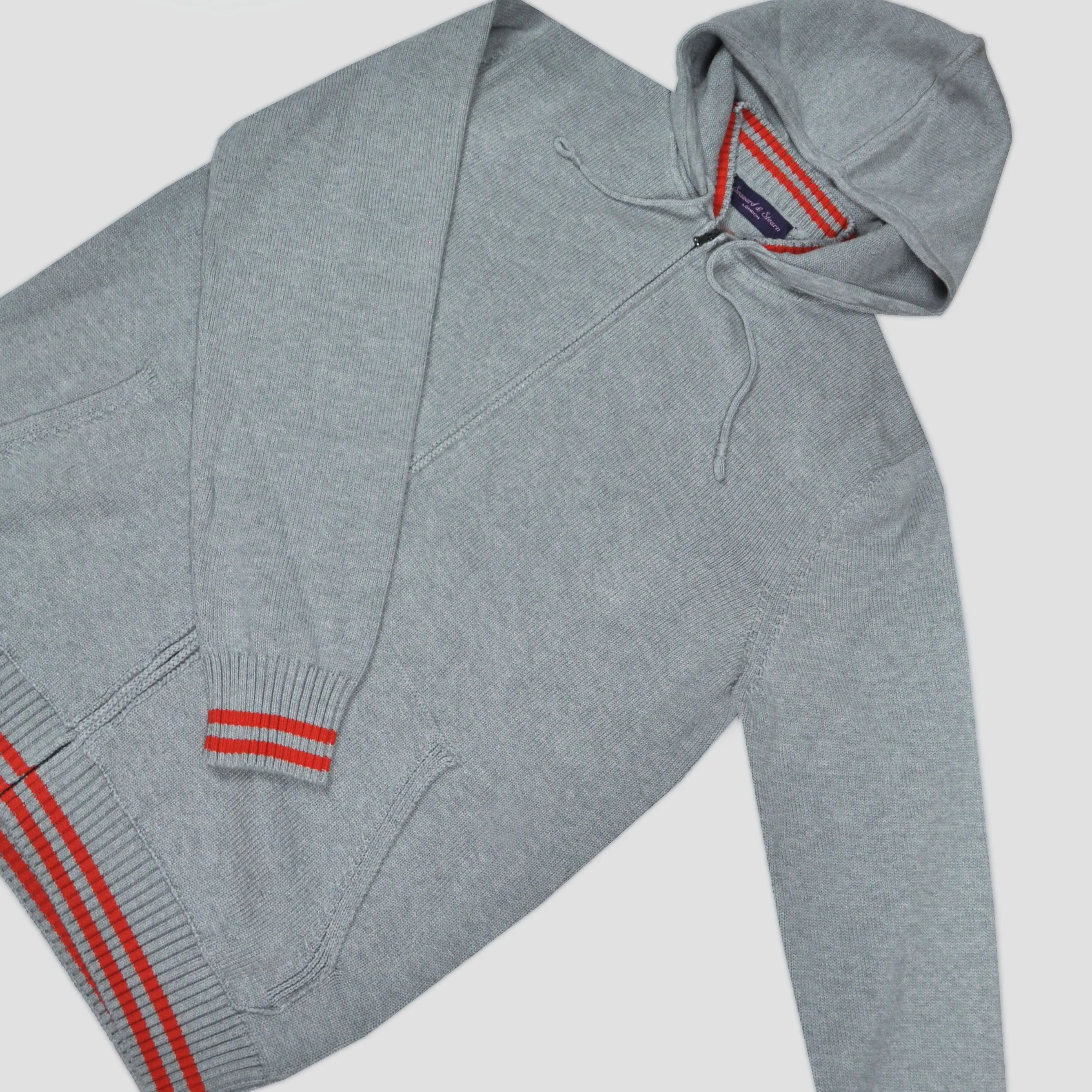 Cotton Zip-up Hooded Jumper in Light Grey with Orange Bands