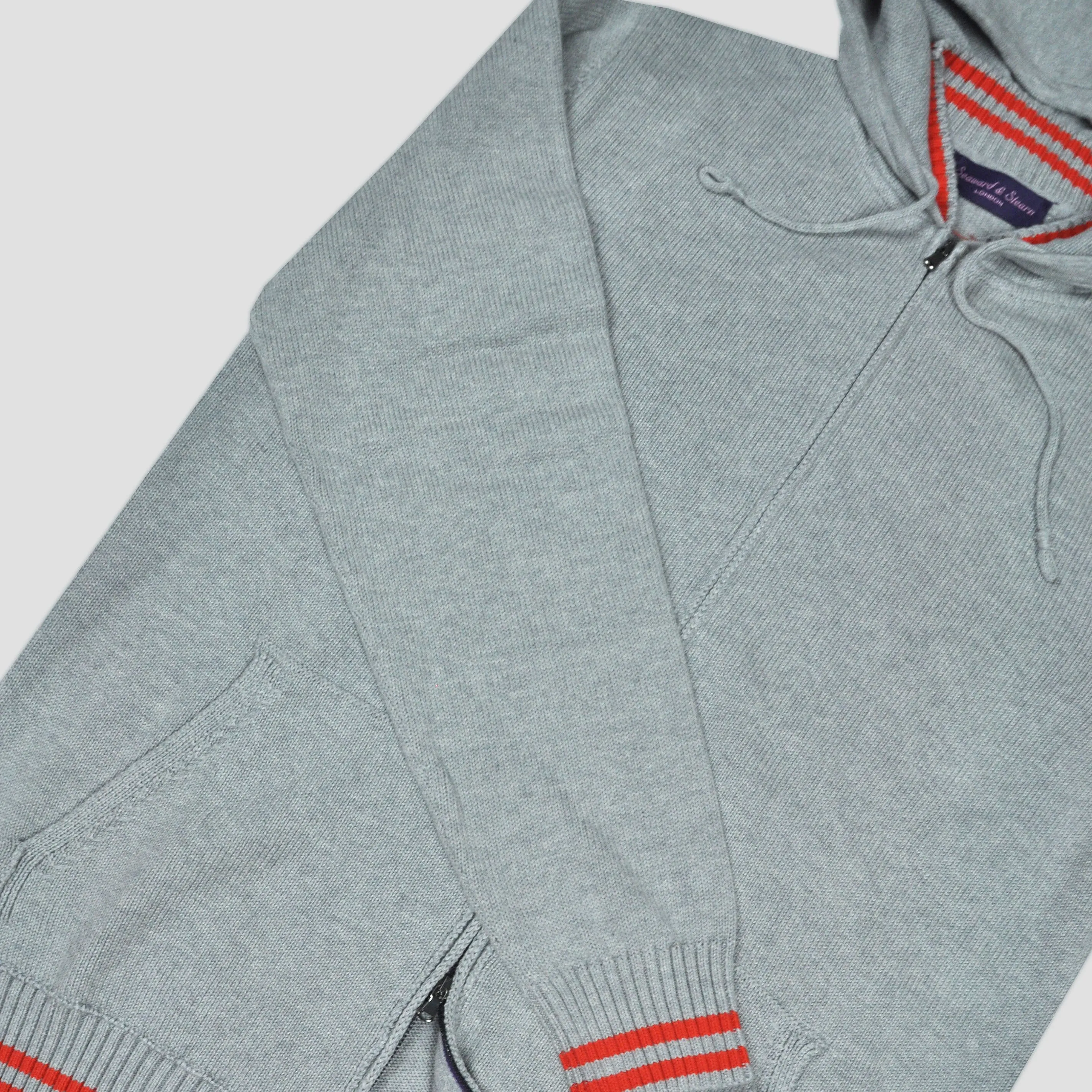 Cotton Zip-up Hooded Jumper in Light Grey with Orange Bands