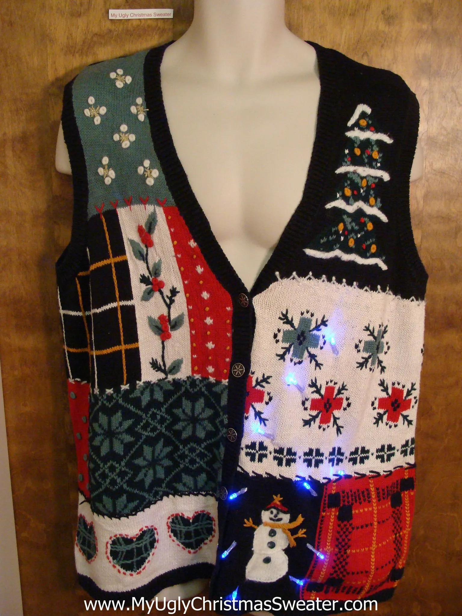 Crafty Patchwork Style Light Up Ugly Xmas Sweater Vest