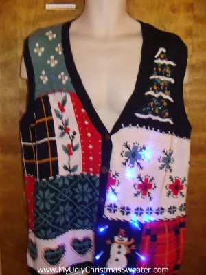 Crafty Patchwork Style Light Up Ugly Xmas Sweater Vest