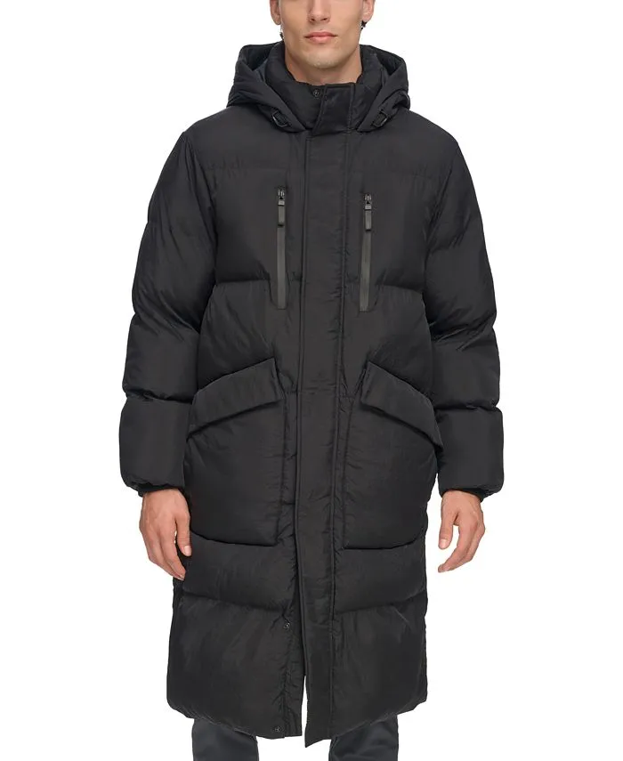 DKNY Men's Quilted Duffle Parka with Hood, Black