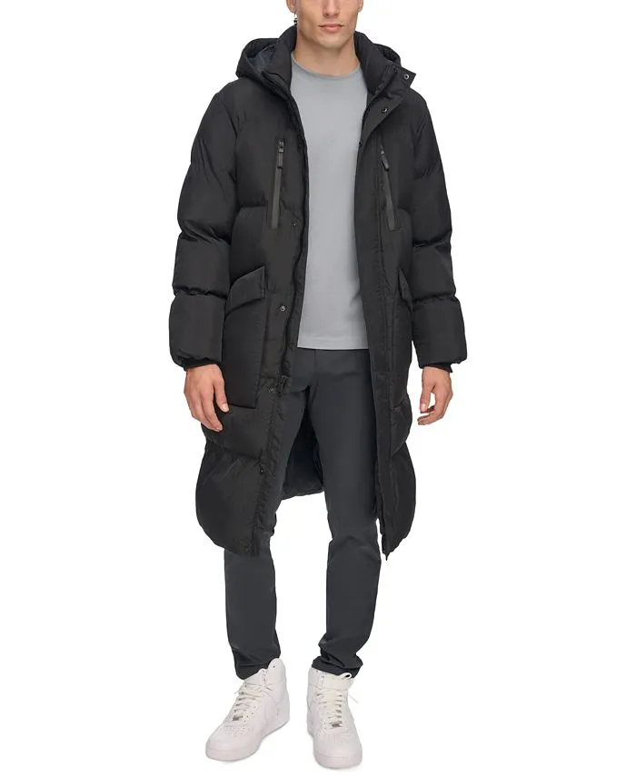 DKNY Men's Quilted Duffle Parka with Hood, Black