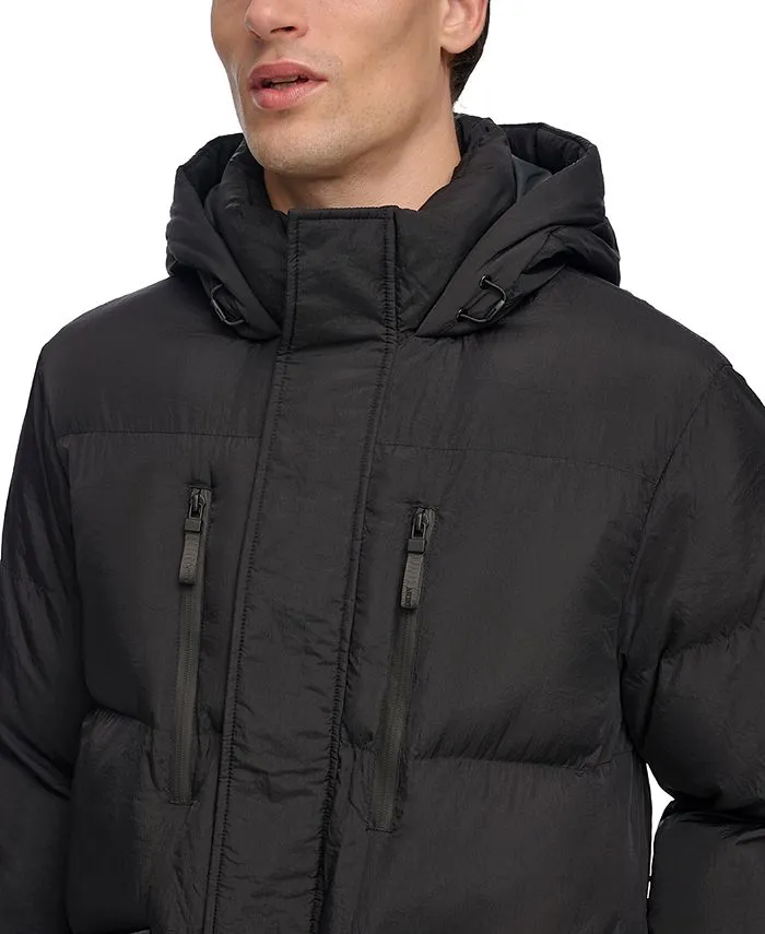 DKNY Men's Quilted Duffle Parka with Hood, Black