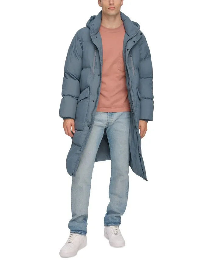 DKNY Men's Quilted Duffle Parka with Hood, Blue