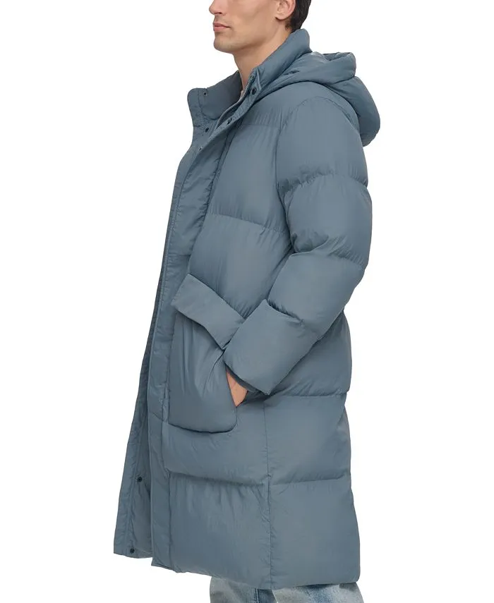 DKNY Men's Quilted Duffle Parka with Hood, Blue