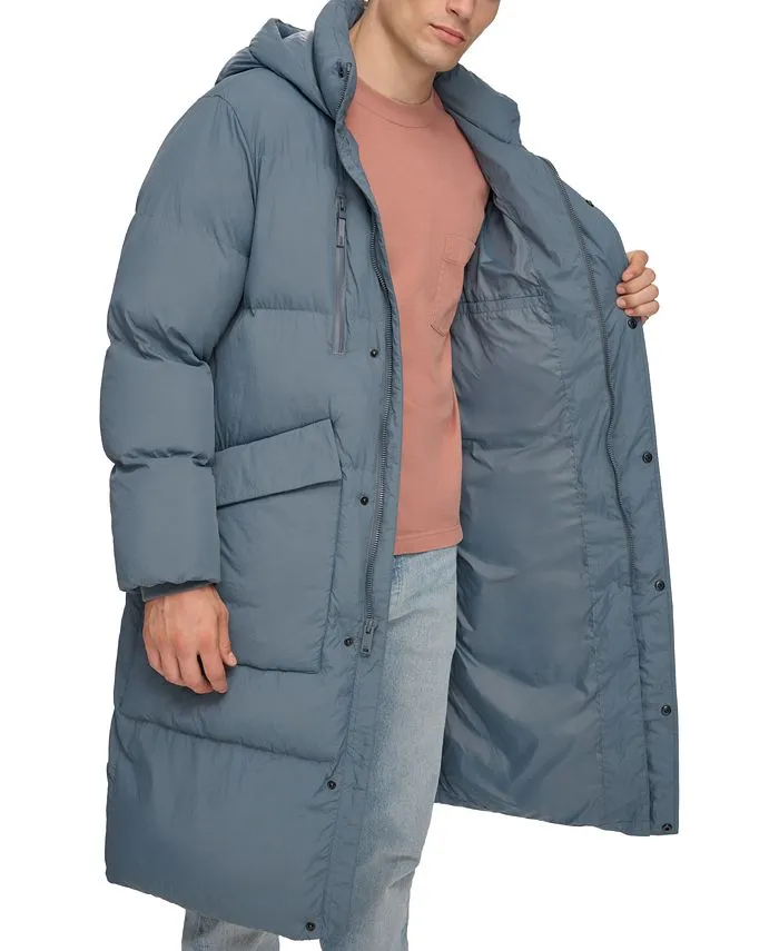 DKNY Men's Quilted Duffle Parka with Hood, Blue