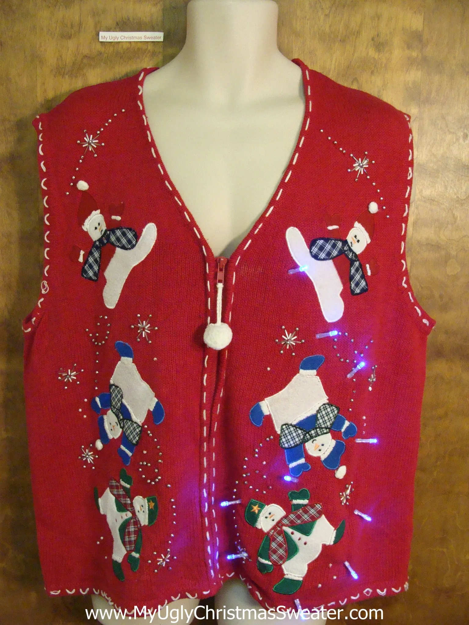 Falling Snowmen Red Light Up Ugly Xmas Sweater Vest