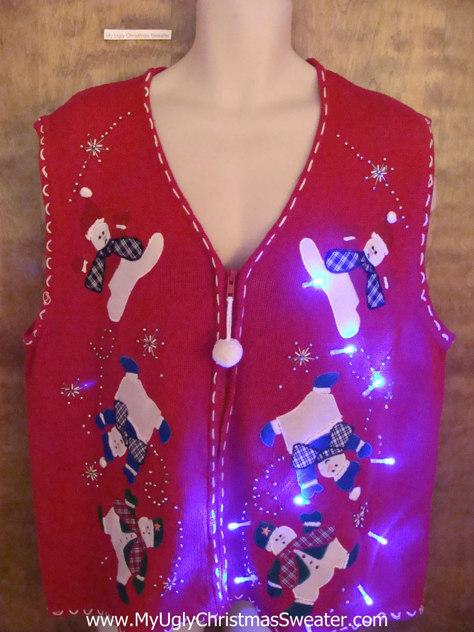 Falling Snowmen Red Light Up Ugly Xmas Sweater Vest