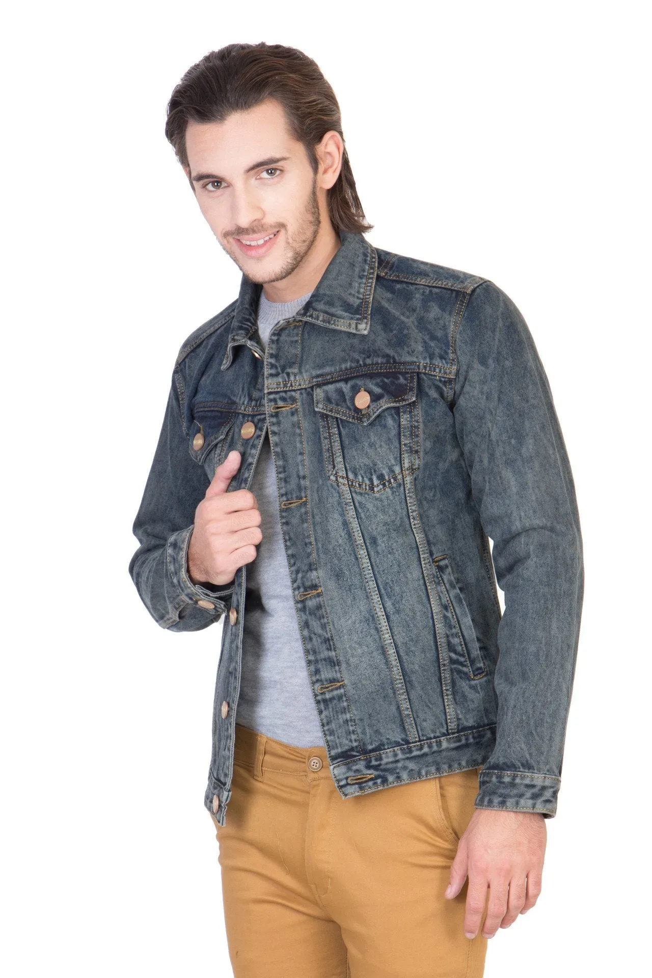 Full Sleeve Faded Blue Men's Denim Jacket with Brass Button