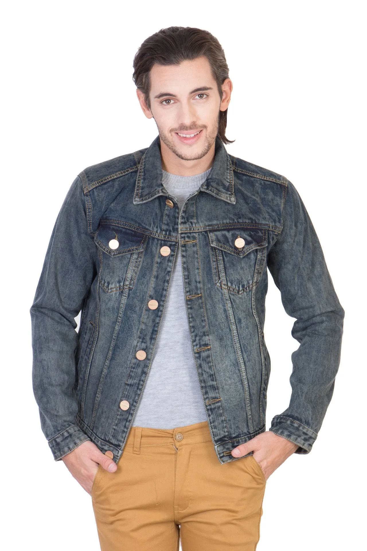 Full Sleeve Faded Blue Men's Denim Jacket with Brass Button