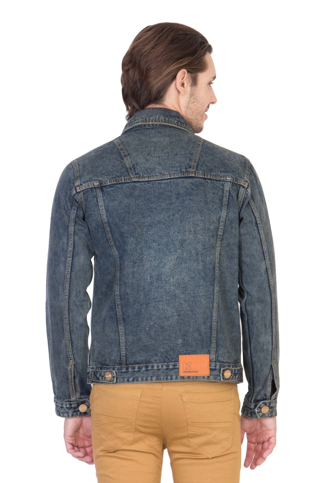 Full Sleeve Faded Blue Men's Denim Jacket with Brass Button