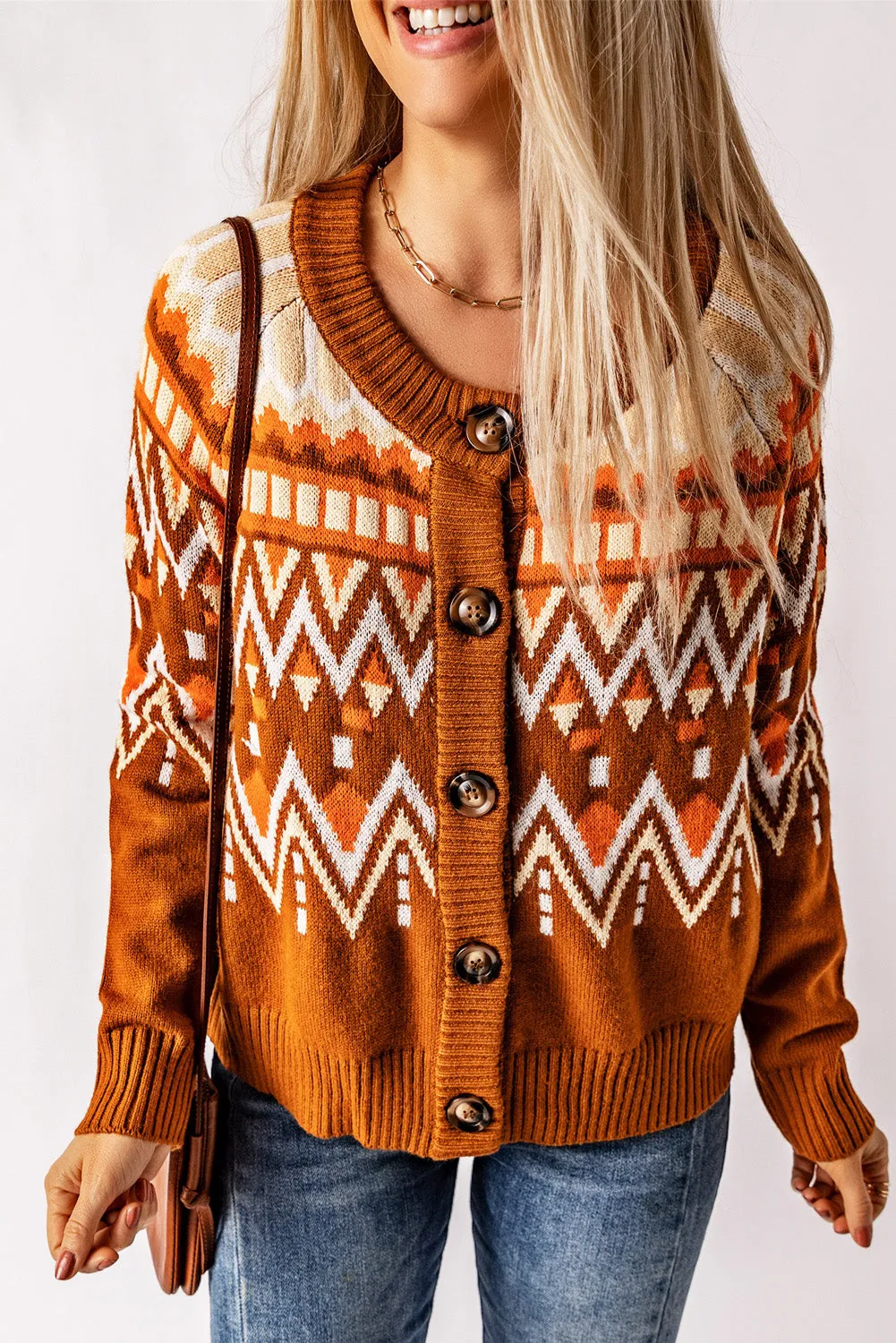 Geometric Button Down Round Neck Cardigan