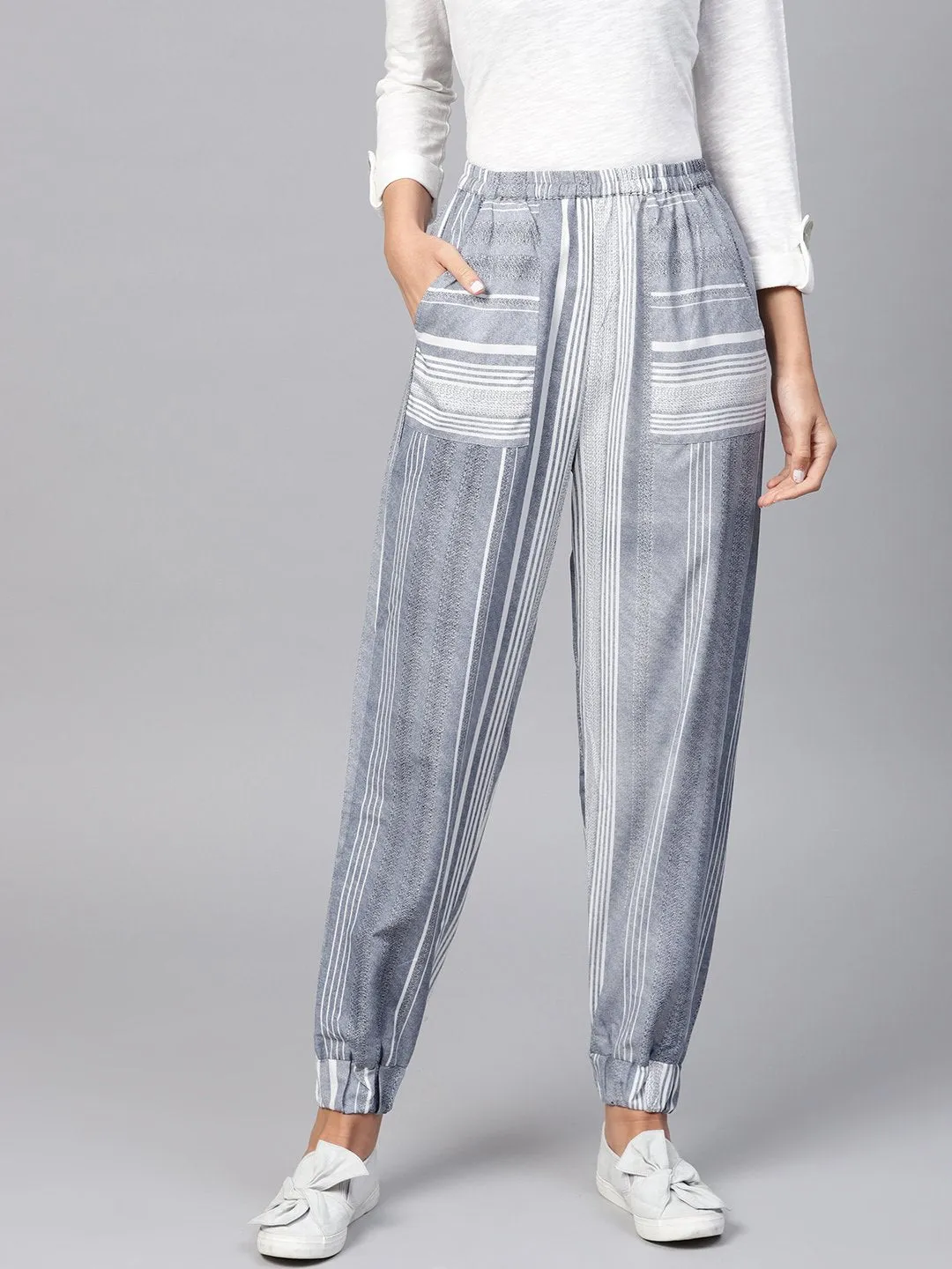 Grey Striped Ankle Length Jogger With Elastic Band