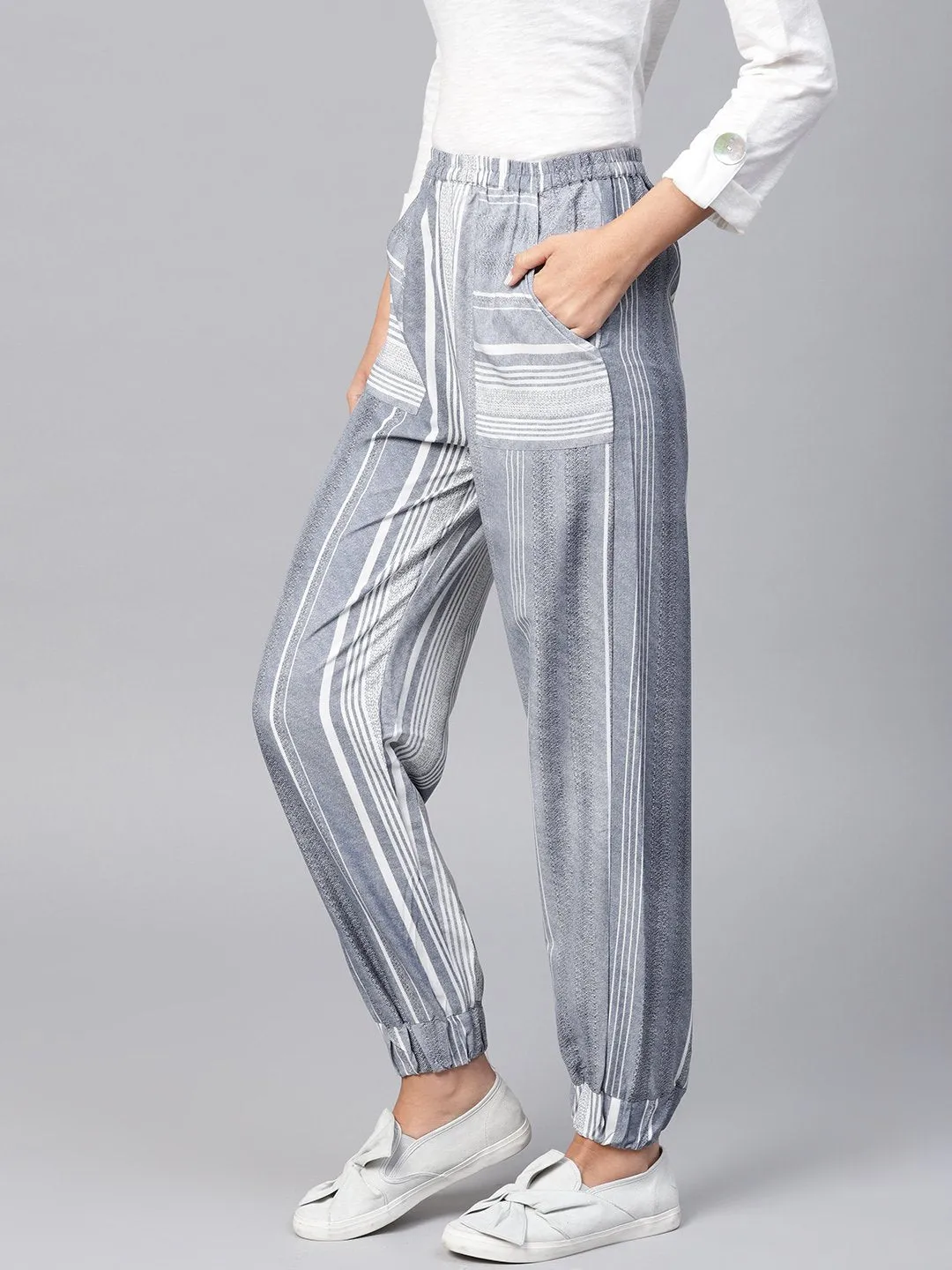 Grey Striped Ankle Length Jogger With Elastic Band