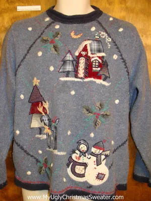 Horrible Blue Ugly Christmas Sweater Pullover with Snowmen