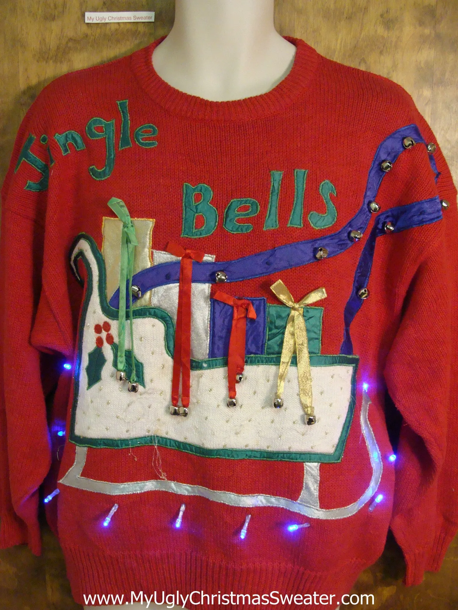 JINGLE BELLS 80s Red Light Up Ugly Xmas Sweater