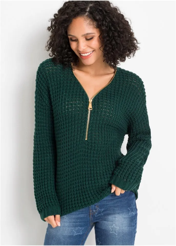 Knitted sweater with a zipper Bodyflirt, green