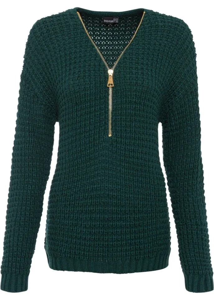 Knitted sweater with a zipper Bodyflirt, green