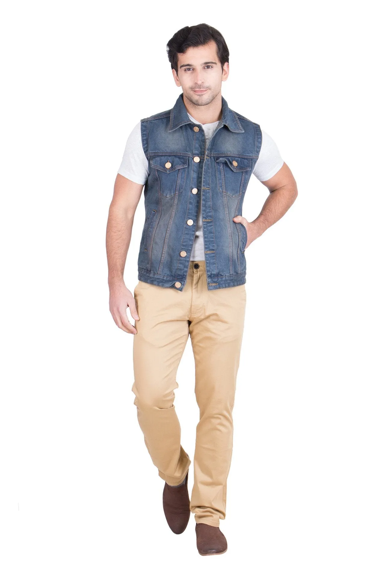 Krossstitch Sleeveless Light Grey Men's Denim Jacket with Brass Button