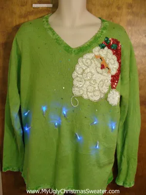 Lime Green Bling Santa Christmas Sweater with Lights