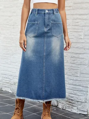 Long Denim Skirt Women's Fashion Raw Hem Buttoned Maxi Jean Skirt with Pockets