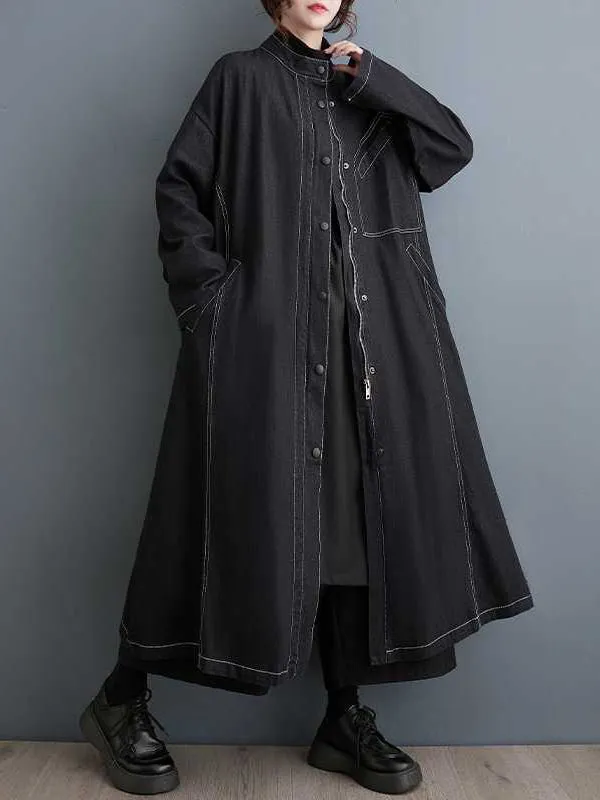 Long Sleeves Loose Buttoned Pockets Split-Joint Stand Collar Outerwear Trench Coats