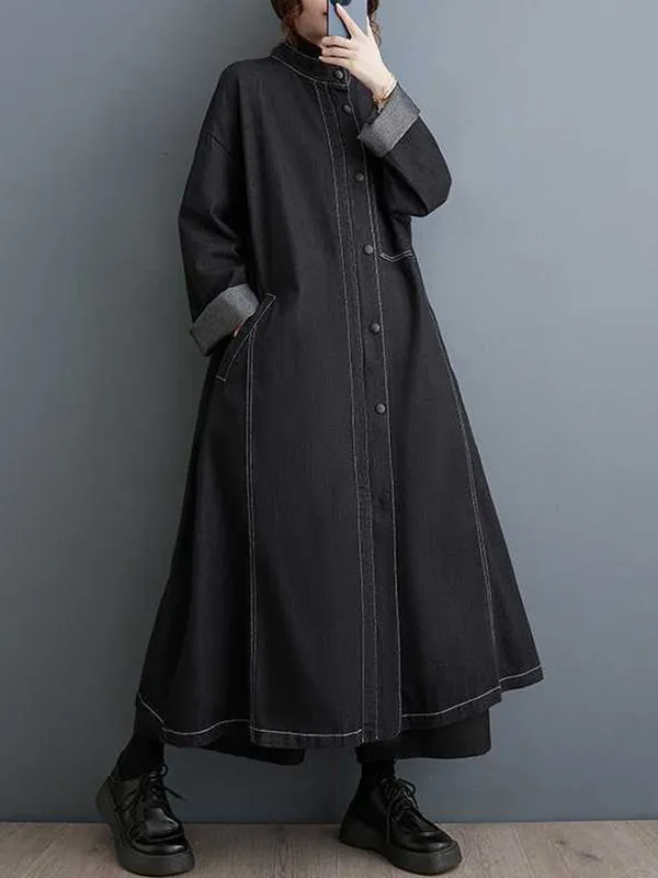 Long Sleeves Loose Buttoned Pockets Split-Joint Stand Collar Outerwear Trench Coats