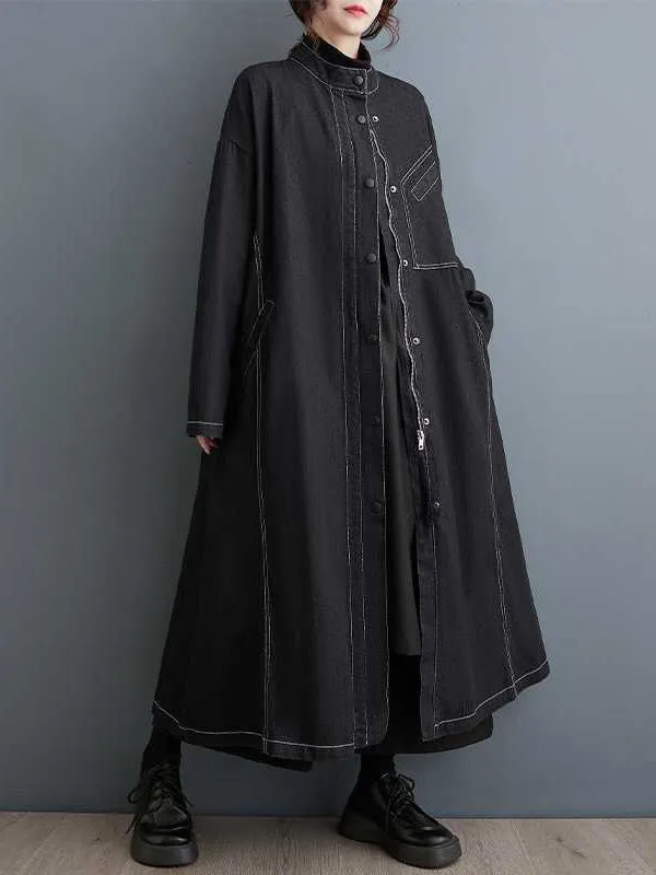 Long Sleeves Loose Buttoned Pockets Split-Joint Stand Collar Outerwear Trench Coats