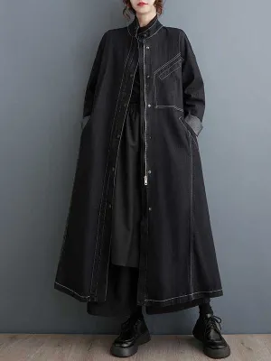 Long Sleeves Loose Buttoned Pockets Split-Joint Stand Collar Outerwear Trench Coats