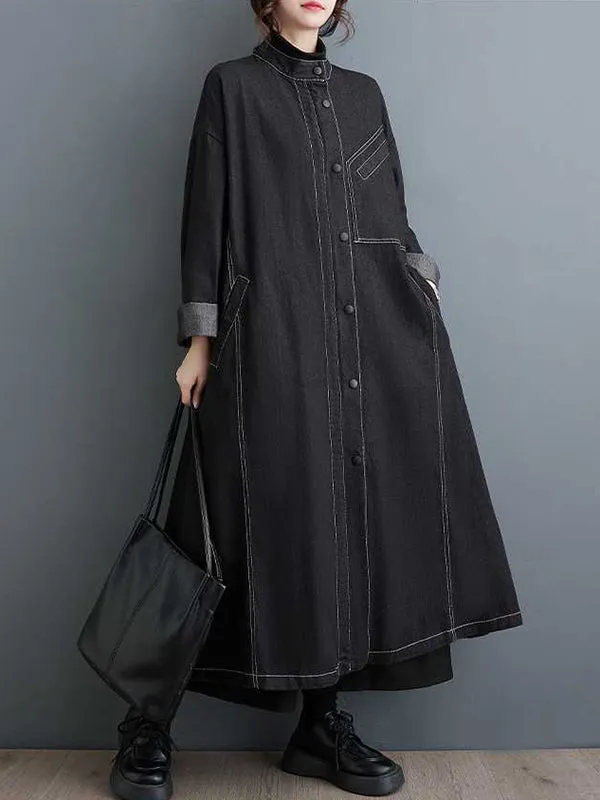 Long Sleeves Loose Buttoned Pockets Split-Joint Stand Collar Outerwear Trench Coats