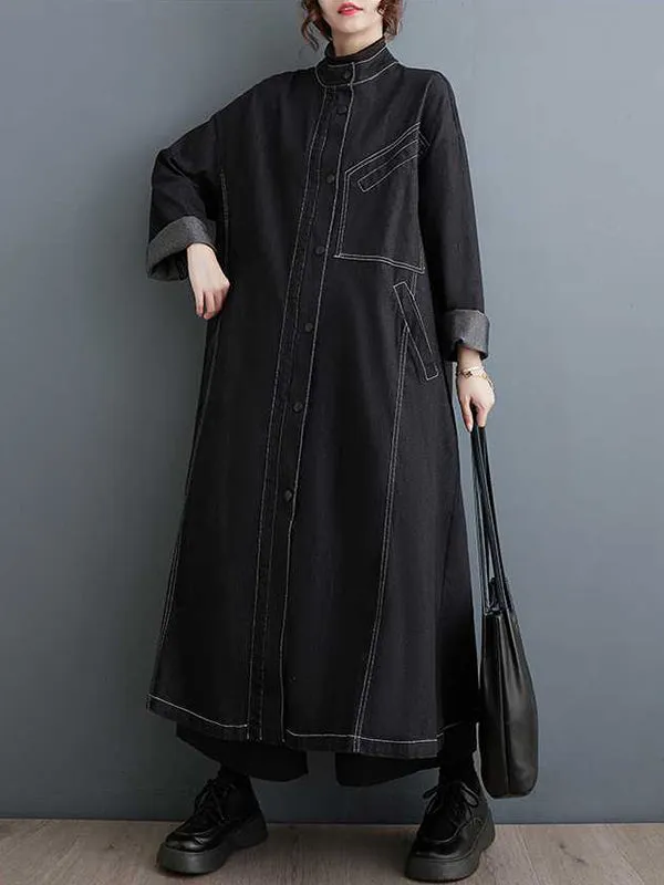 Long Sleeves Loose Buttoned Pockets Split-Joint Stand Collar Outerwear Trench Coats