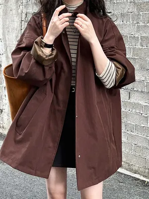 Long Sleeves Loose Pockets Solid Color Stand Collar Outerwear Trench Coats