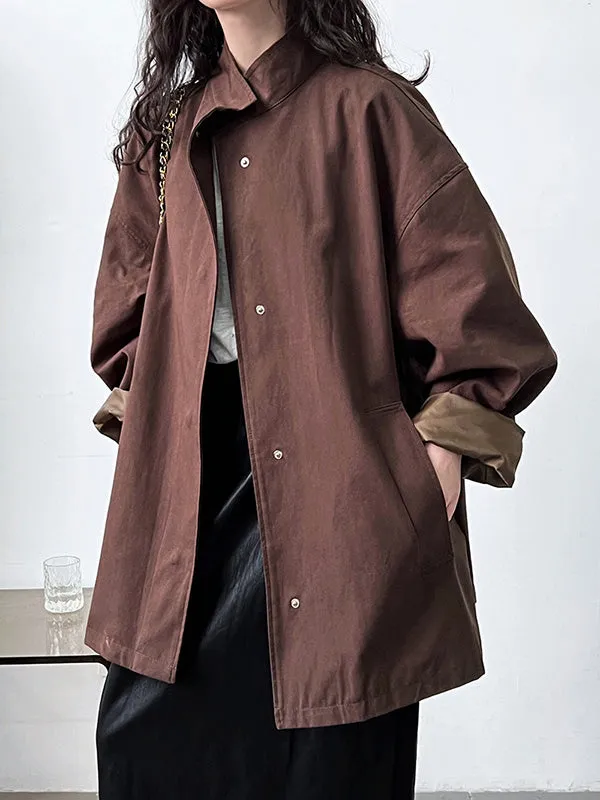 Long Sleeves Loose Pockets Solid Color Stand Collar Outerwear Trench Coats