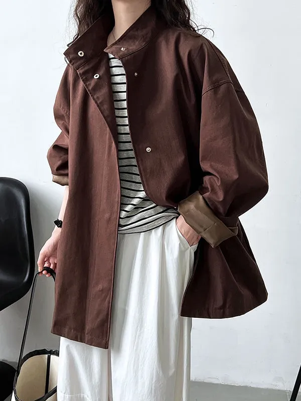 Long Sleeves Loose Pockets Solid Color Stand Collar Outerwear Trench Coats