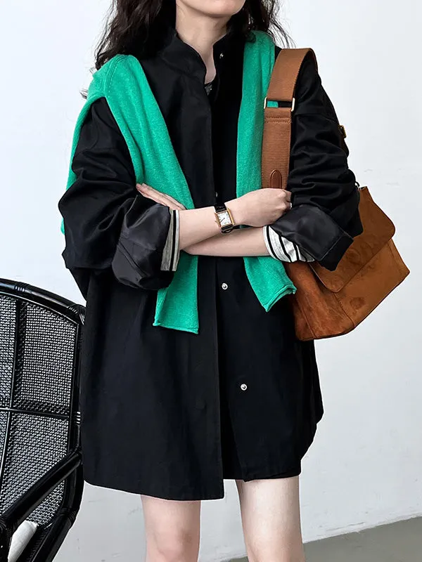 Long Sleeves Loose Pockets Solid Color Stand Collar Outerwear Trench Coats