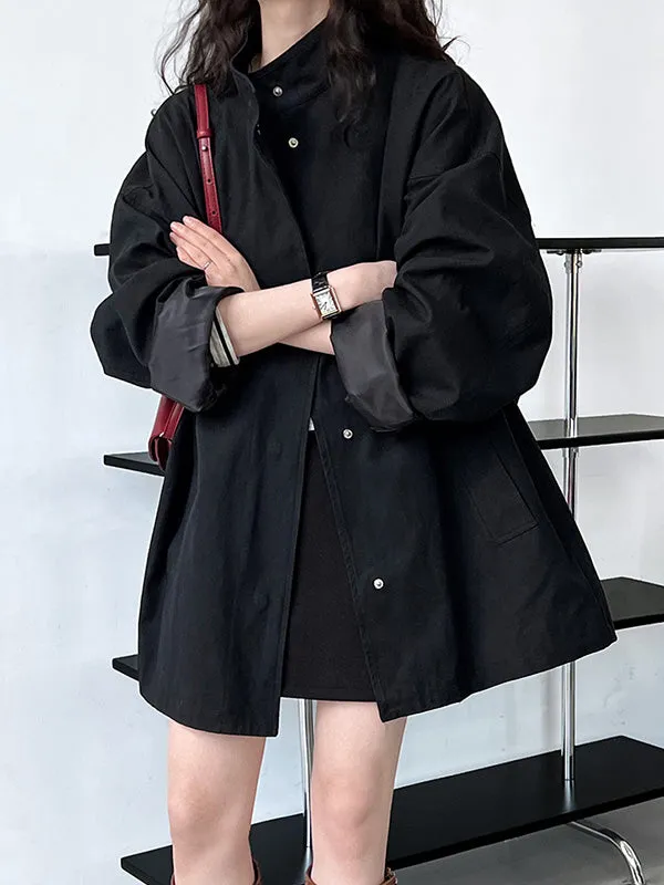 Long Sleeves Loose Pockets Solid Color Stand Collar Outerwear Trench Coats