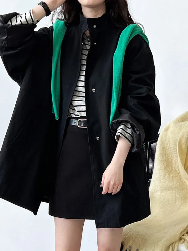 Long Sleeves Loose Pockets Solid Color Stand Collar Outerwear Trench Coats