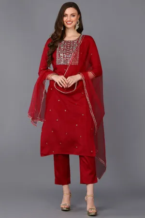 Maroon Silk Blend Rogan Work Straight Suit Set